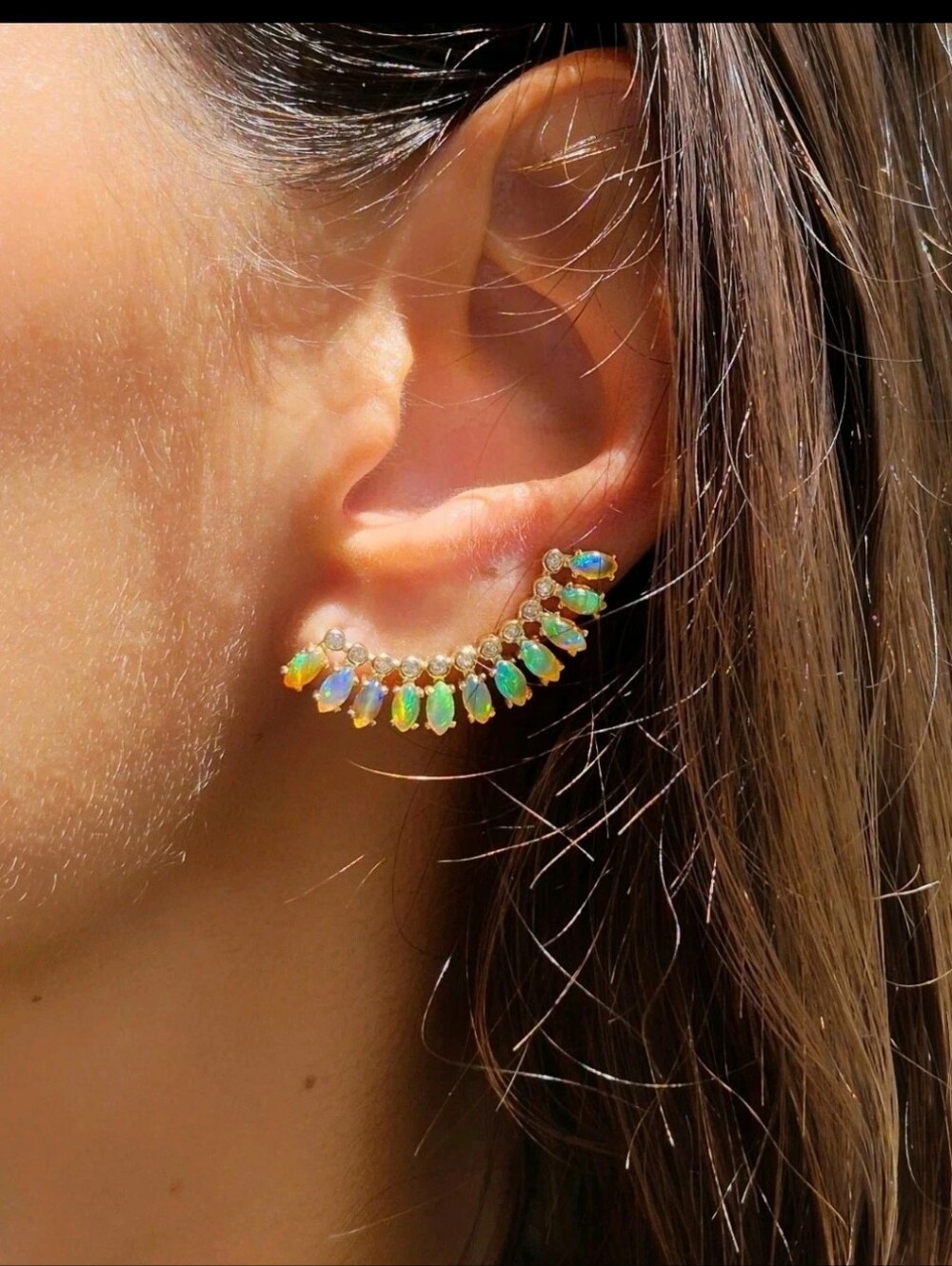 14k Yellow Gold Opal Diamond Ear climber Earrings